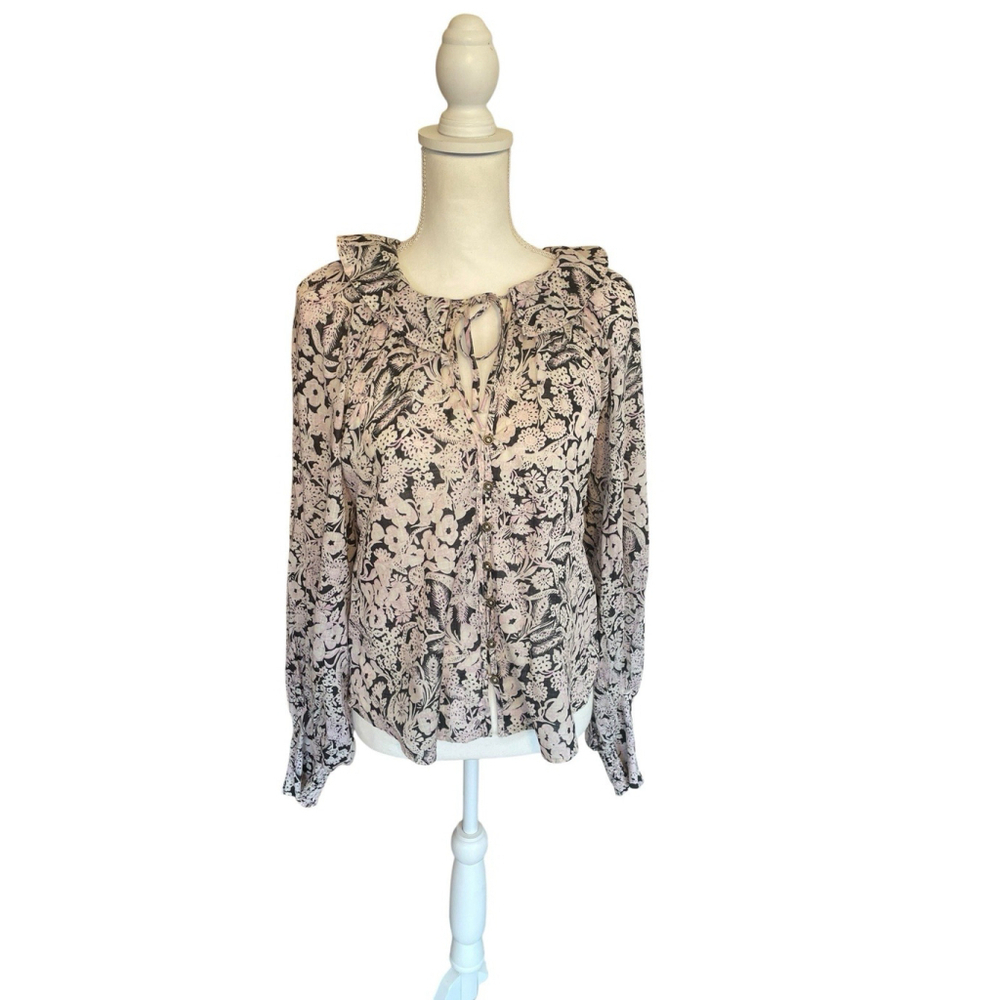 Anthropologie Peasant Style Button Up Blouse Tie Front Boho Floral